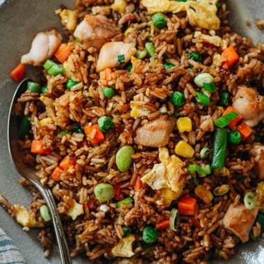 Takeout-style fried rice in a bowl