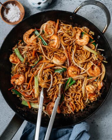 Homemade shrimp lo mein in a pan